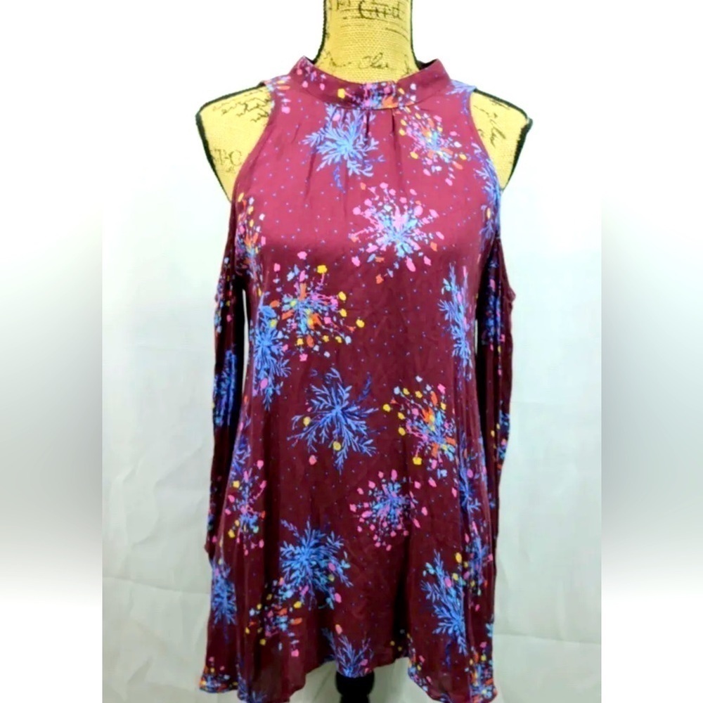 Free People Cold Shoulder Blouse Burgandy Floral Draped Fit Long Sleeve Sz Small